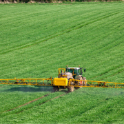 Tractor spraying weeds in grass field